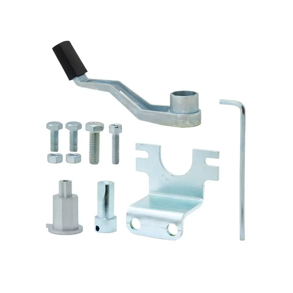Montagesatz von ESBE mit verschiedenen Metallteilen und Schrauben, zu sehen sind ein Hebel, ein Halteblech und weitere Komponenten.